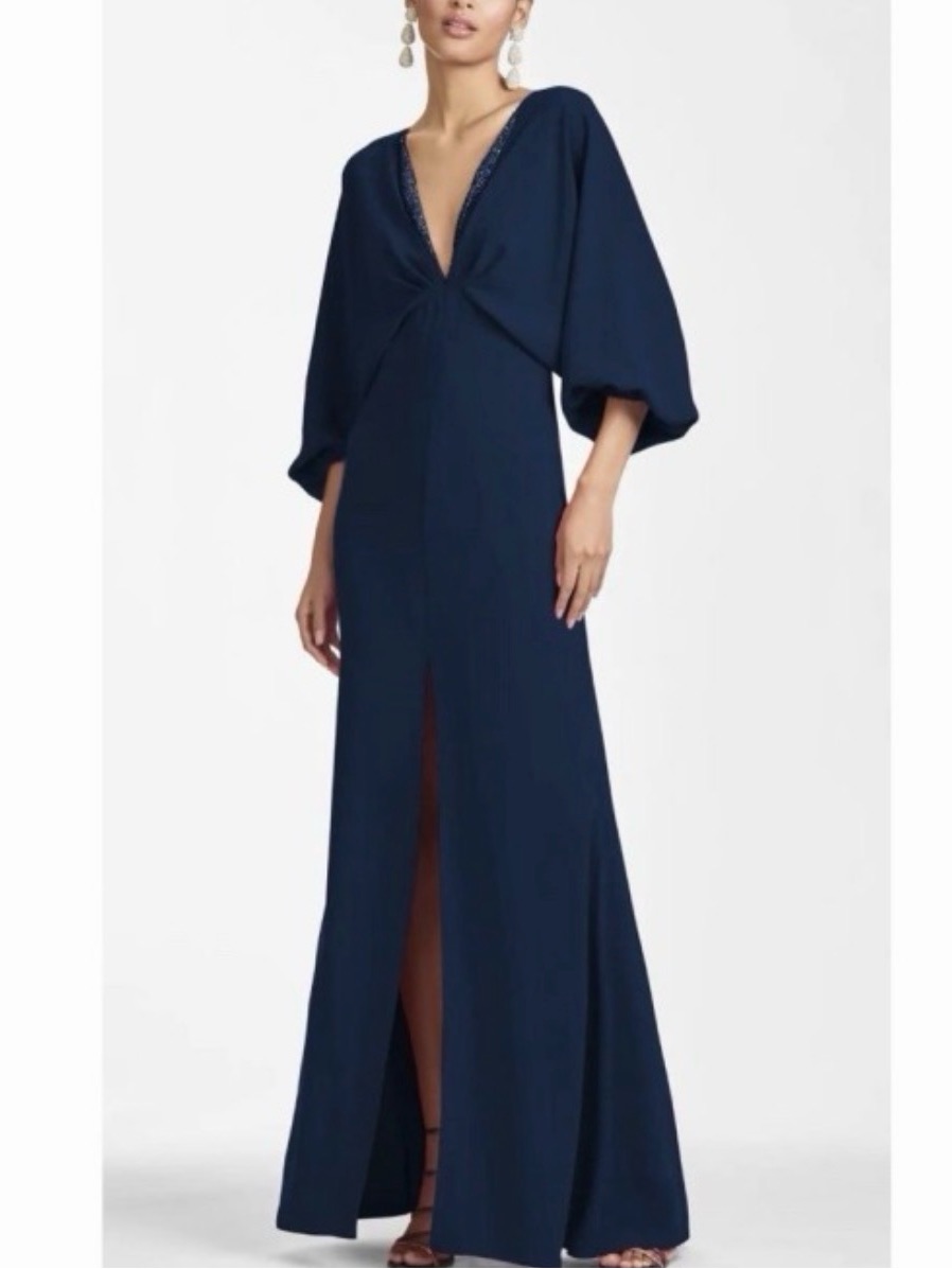 Sachin + Babi Navy Blue Gabby Crystal Embellished Plunge V Neck Maxi Formal Gown